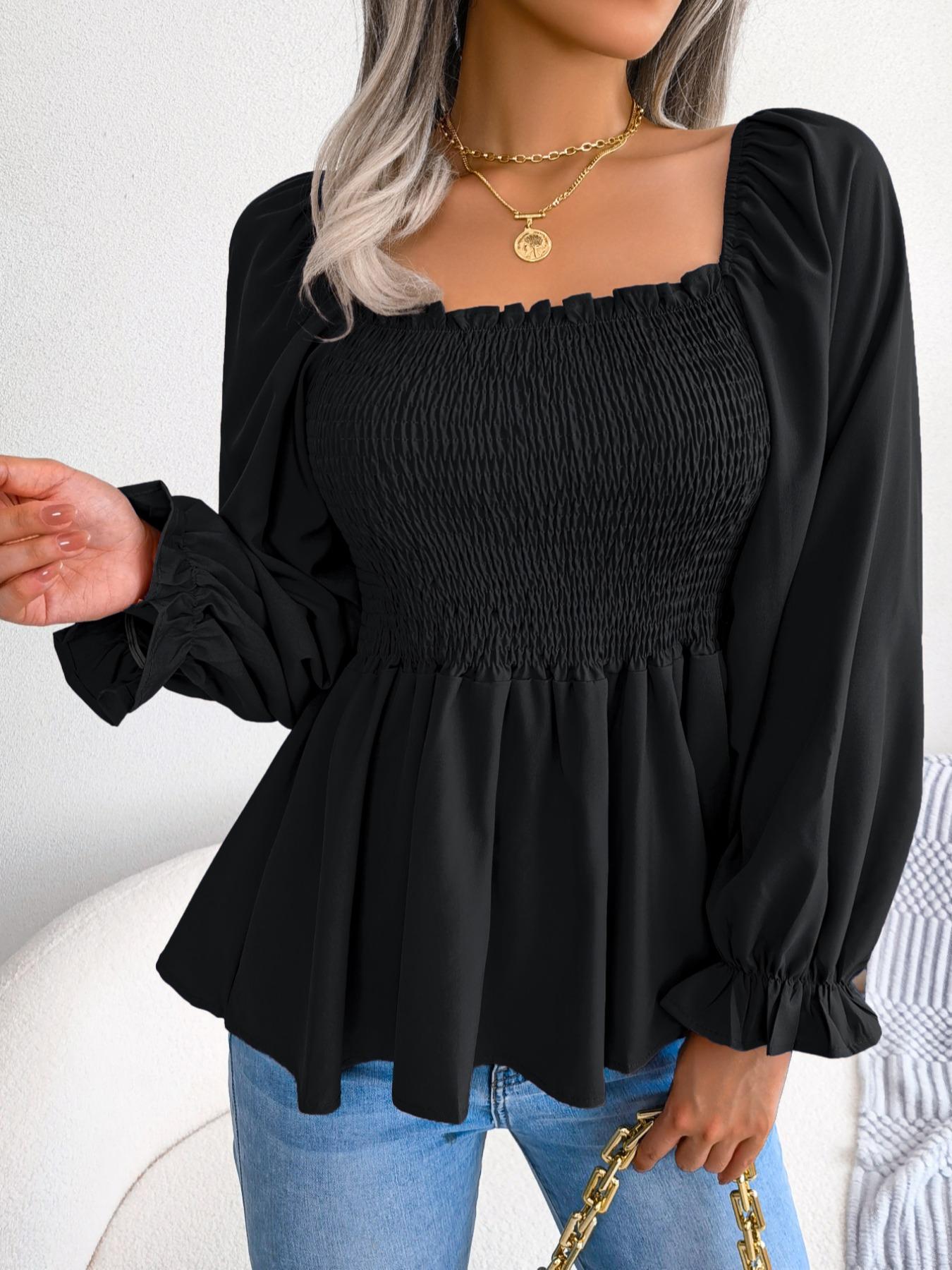 Superfancyfashion Women's Plain Frill Ruffle Shirred Square Neck Fitted Lightweight Chiffon Blouse Shirts, Solid Long Sleeve Flounce Sleeve Peplum Tops, Ladies Casual Clothes for Spring & Fall, Chic Elegance Style Womenswear