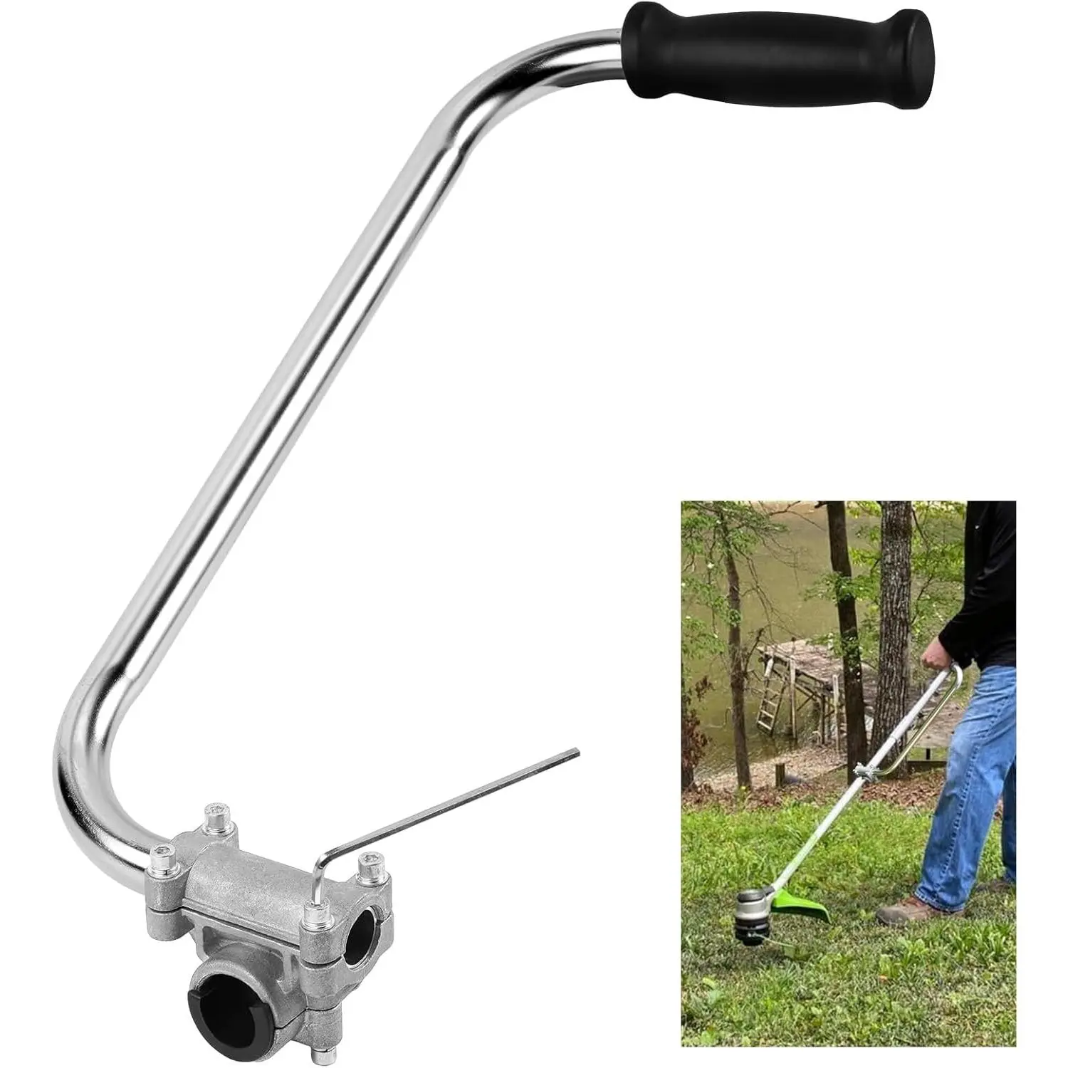 Silver Aluminum Ergonomic Weed Eater Handle Extension - 28mm Lightweight Alum Grip Attachment with Bracket Clamp, Back Pain Relief Garden Tool for Lawn Care, Lawn Edging