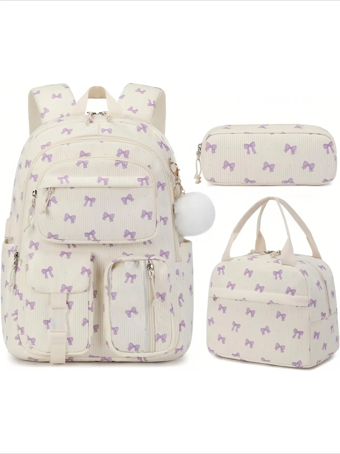 3pcs Strawberry Print Pattern Backpack Set, Cute Aesthetic Corduroy School Bag, Multi Pocket Lightweight Backpack, Insulated Lunch Bag, Pencil Case, Pom Pom Pendant