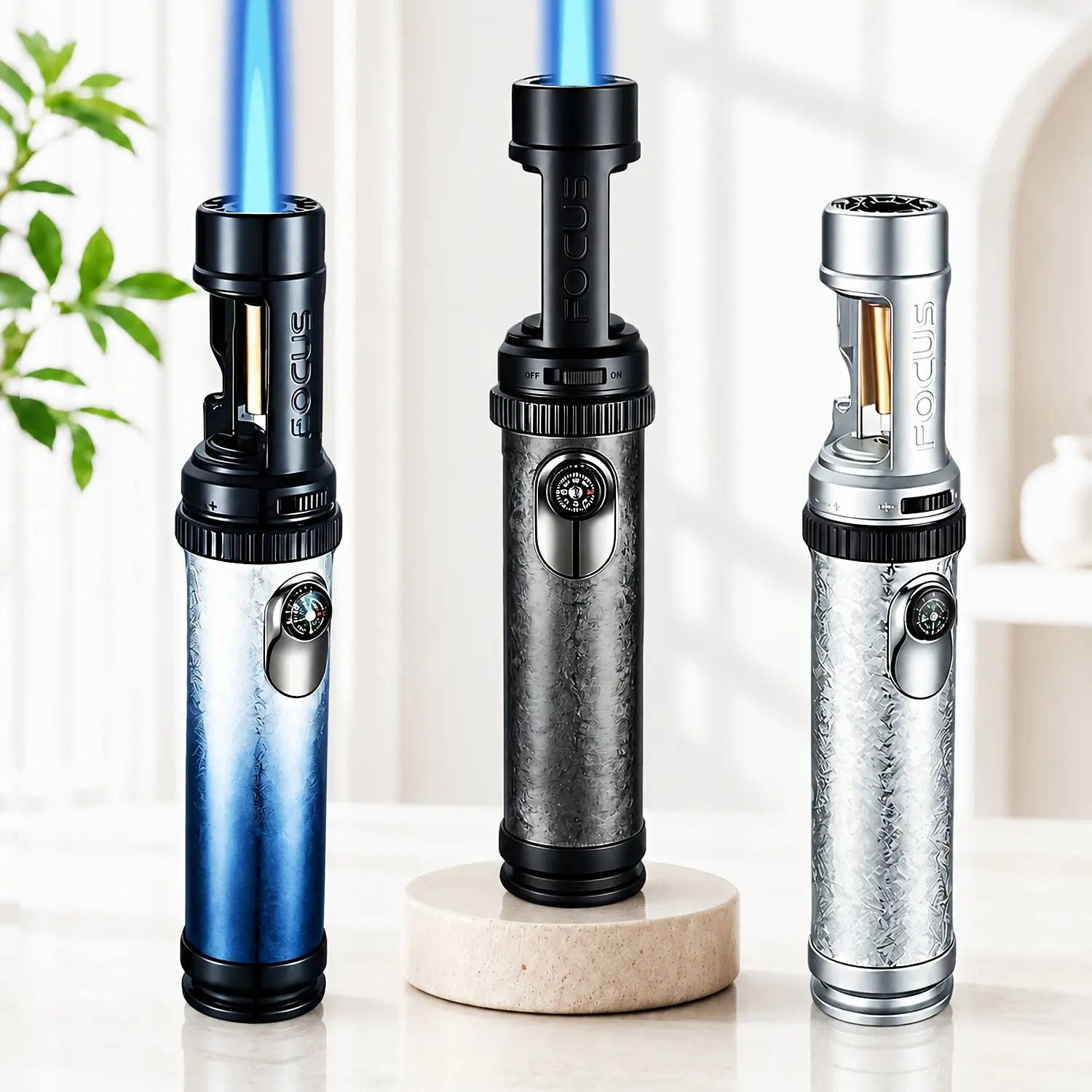 (Fuel Not Included) Colorful Large Zinc Alloy Windproof Refillable Fuel Jet Blue Flame Lighter with Multifunctional Opener And Compass, Ideal for Candles, Kitchen, Camping, BBQ, Daily Use, Stylish Festival Gift for Men on Father'S Day (1pc)
