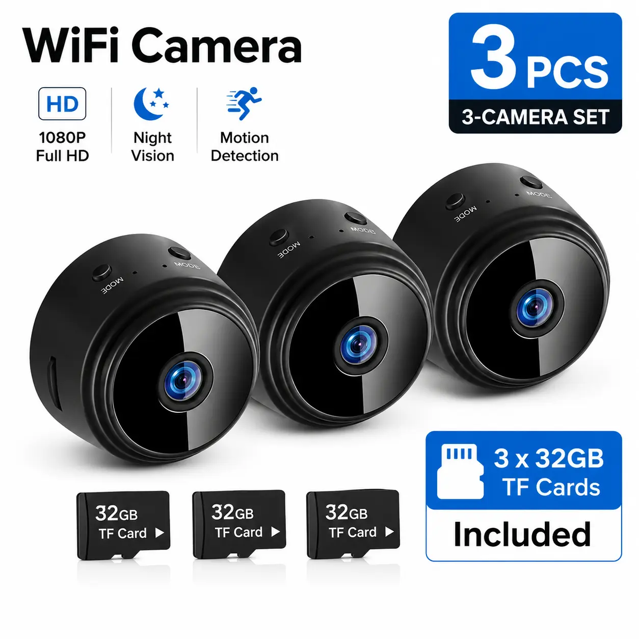 2026 New 3pc Smart HD A9 Camera, 1080P Wide-Angle Lens, Night Vision, Motion Detection, APP Remote Control Viewing - Portable Indoor/Outdoor Car Interior Accessory for Pets