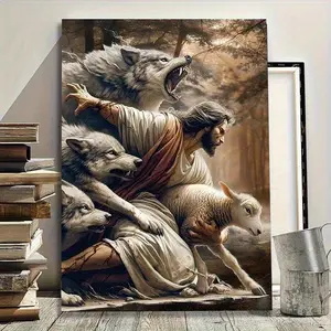 2D flat, 1-piece framed Christian canvas wall art - "The Good Shepherd" Bible story print, Jesus protecting the lamb from wolves, ready to hang as a religious decoration with hooks suitable for churches, homes, offices, living rooms - a spiritual Christia