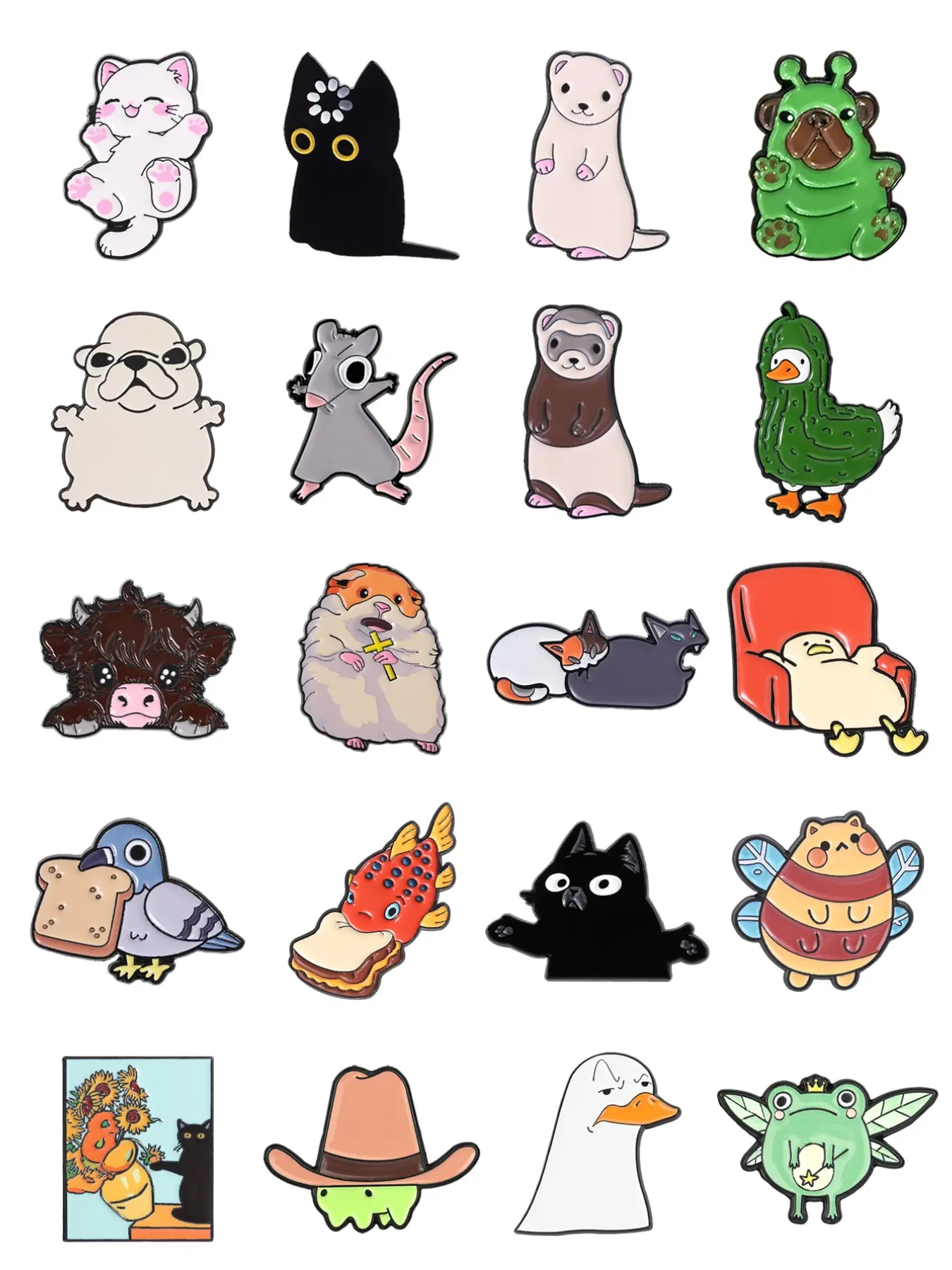 20-Piece Cute Animal Enamel Pins, Fun Cartoon Cat Duck Frog Brooches, Adorable Fashion Lapel Pin Badges for Bags Clothes, Funny Accessories, Best Friend Gifts