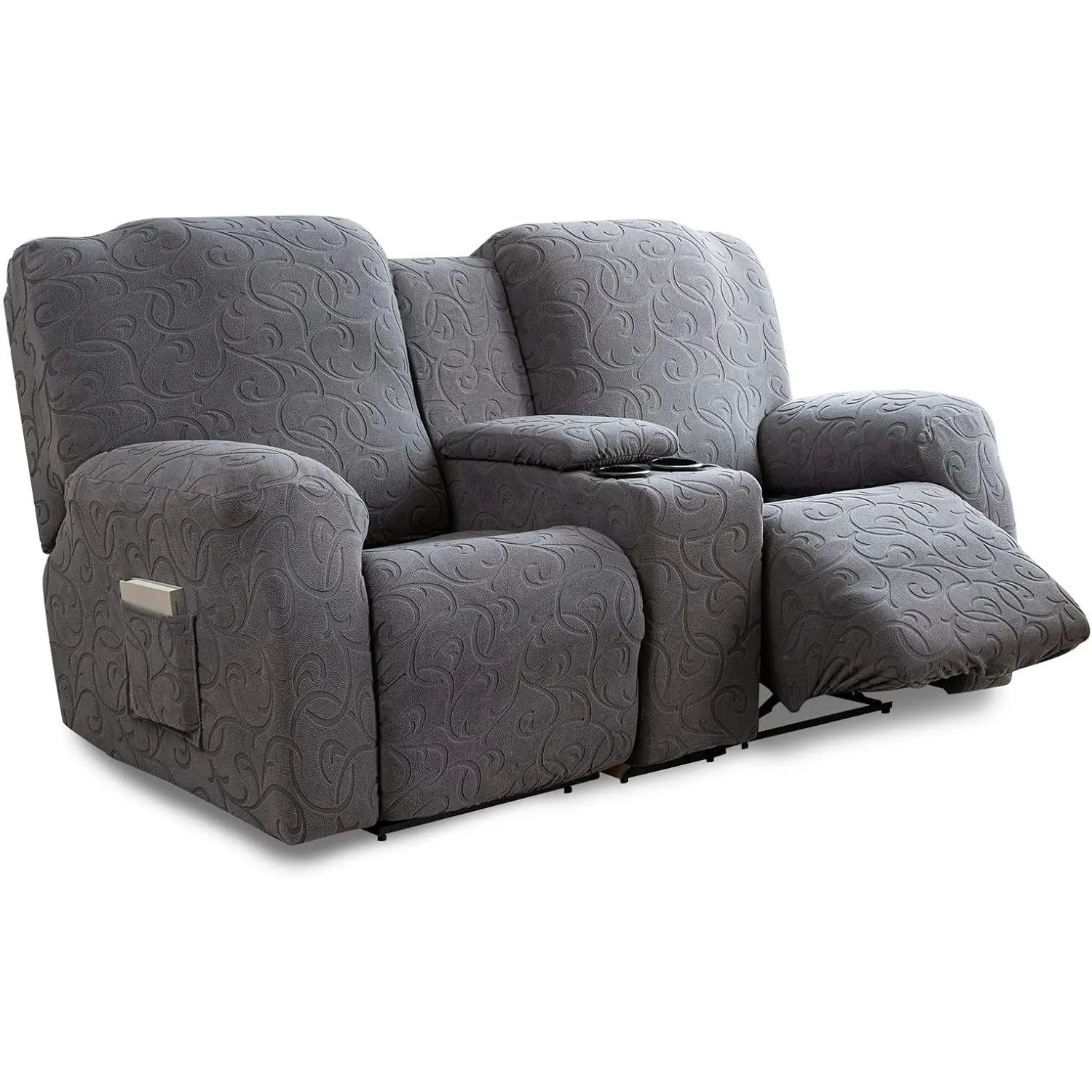 Recliner Loveseat Cover with Center Console, 2 Recliner Sofa Slipcover with Pockets Washable Stretch Reclining Couch Covers Furniture Protector with Elastic Straps (Dark Gray)