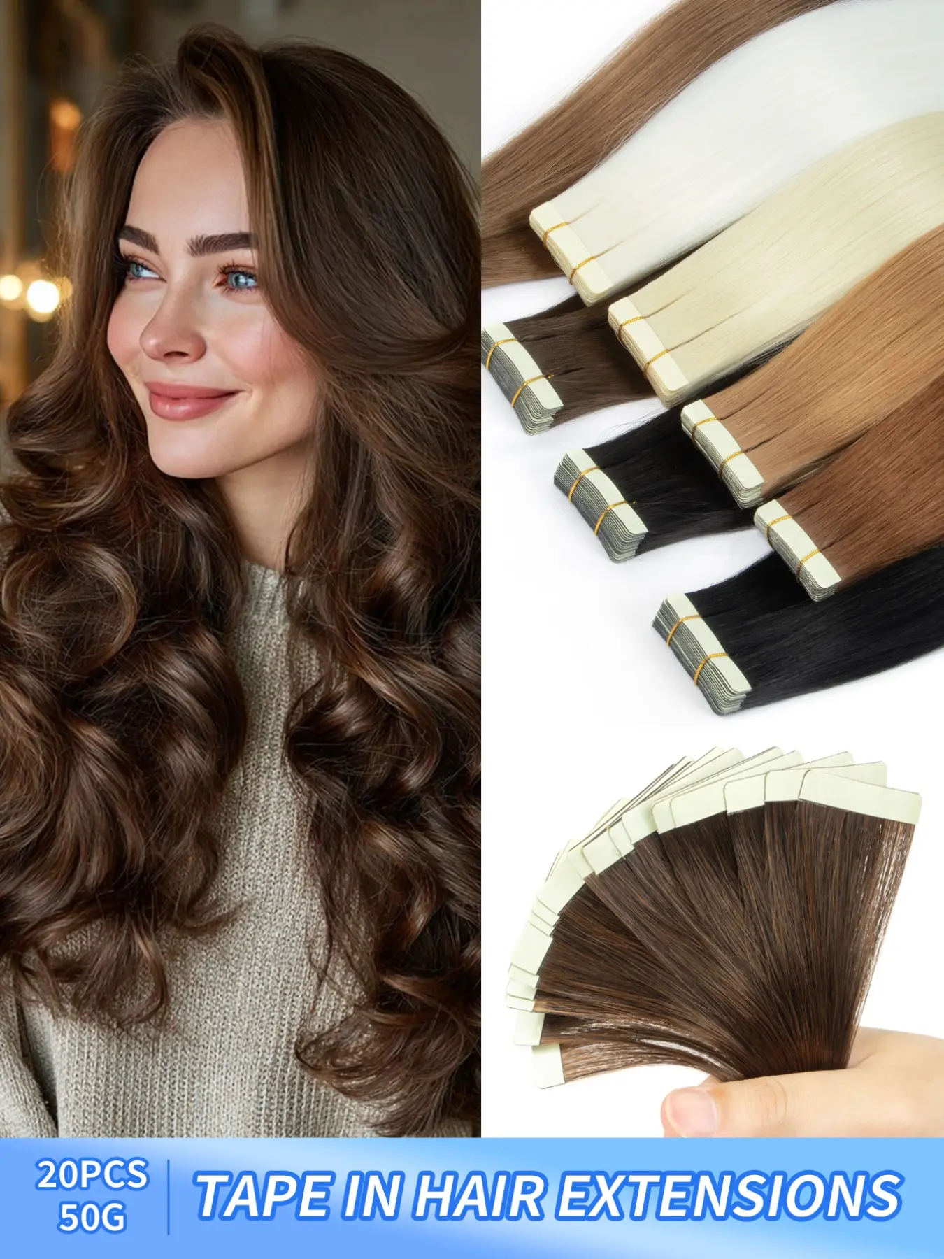 20-Inch Synthetic Hair Extensions, 20 Pieces, 50g Soft Seamless Straight Hair Clips, Light Mixed Highlights, Lightweight Adhesive