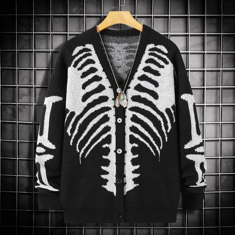 Men's Skeleton Print Button-Front Knitwear Top - Long Sleeve V-Neck, Loose Drop-Shoulder Regular Fit, Soft Menswear Pullover, Spooky Men's Cardigan, Multi-Size, Casual Halloween Fall Wear