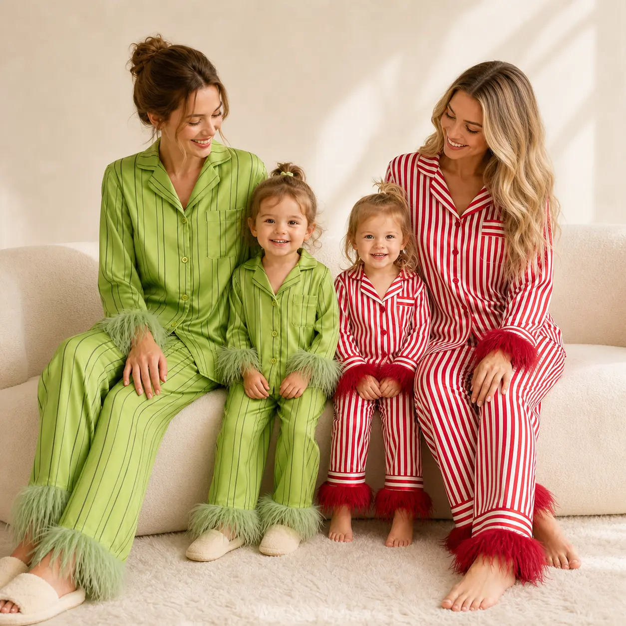 Women's Fashion Parent-Child 2-Piece Striped Polyester Satin Pajama Set - Red White & Green Stripe Options, Notch Collar, Feather Trim, Long Sleeve Top, Matching Pants, Luxury Silk-Feel Sleepwear, Loungewear