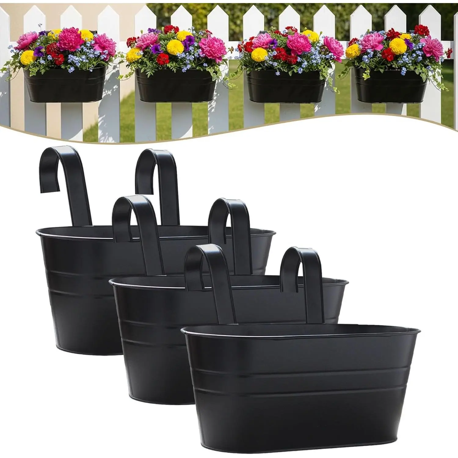 Black 3-Pack 10.6 in Metal Hanging Flower Pots - Oval Railing Planter Box with Detachable Hook, Metal Planters for Outdoors, Hanging Baskets for Home Decor, Balcony Garden Fence Use, 3 Metal Hanging Flower Pot
