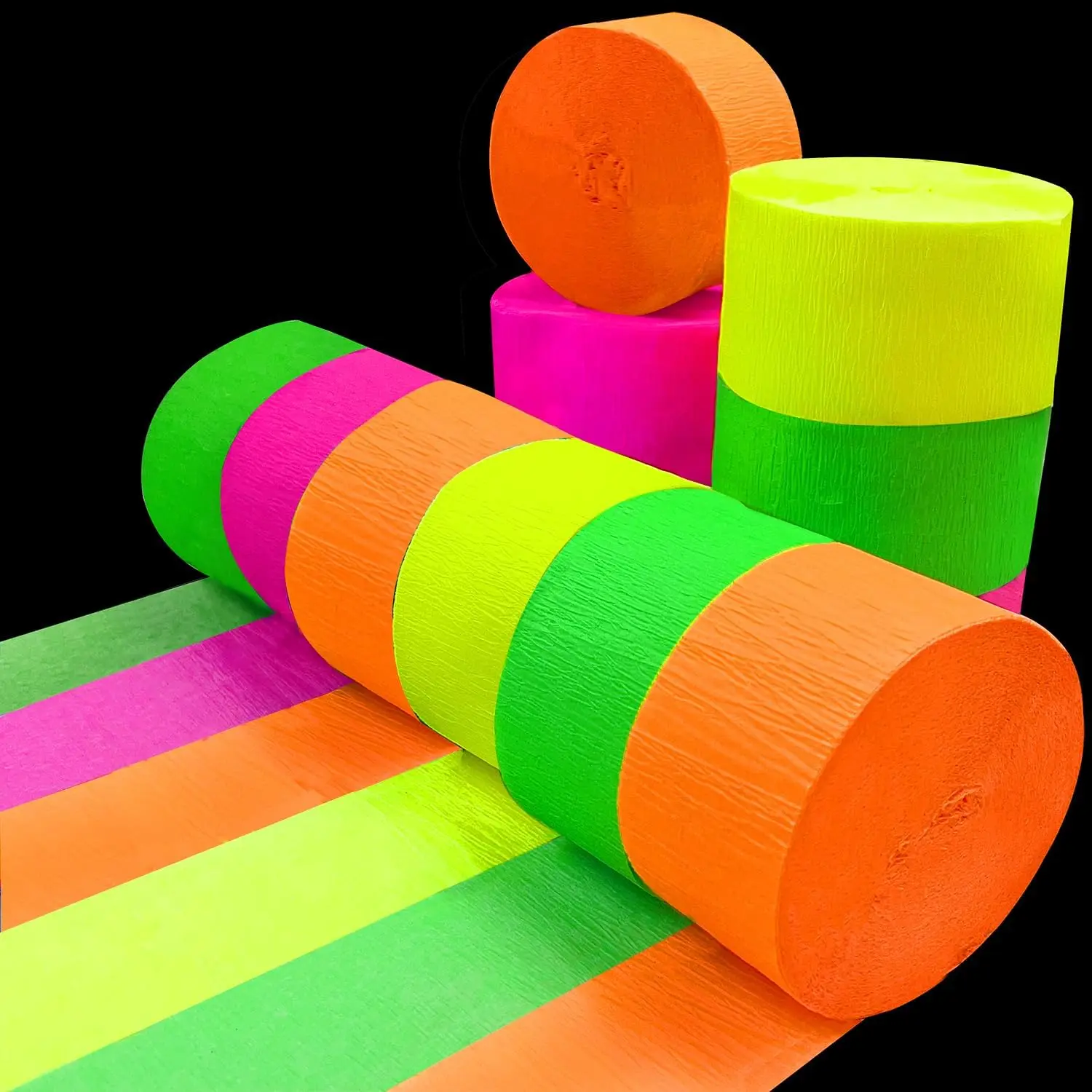 400  Glow Party Neon Streamer Decorations Glow Crepe Paper Streamers UV Reactive Fluorescent Neon Paper Streamers Glow in The Dark Party Supplies and Decorations Wedding Birthday Blacklight Party