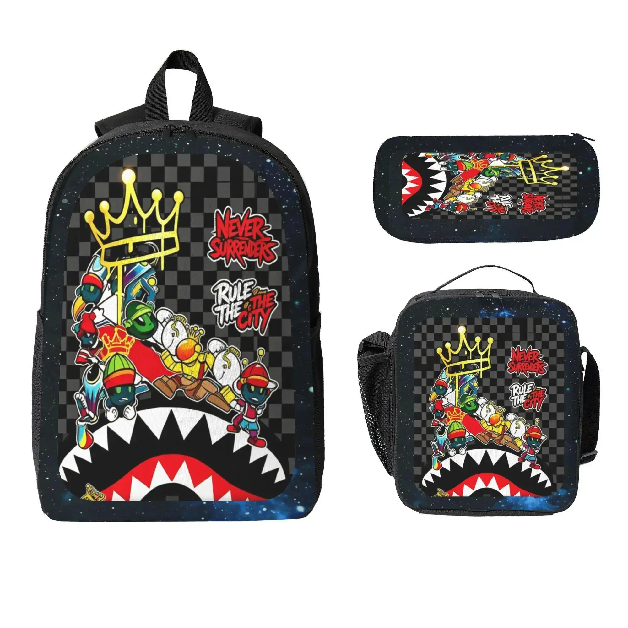 Never Surrender  Backpack Set 3PCS, Urban Graffiti School Backpack with Lunch Bag & Pencil Case, Large Capacity Bookbag for Boys Teens, Lightweight Student Bag, Back to School Gift