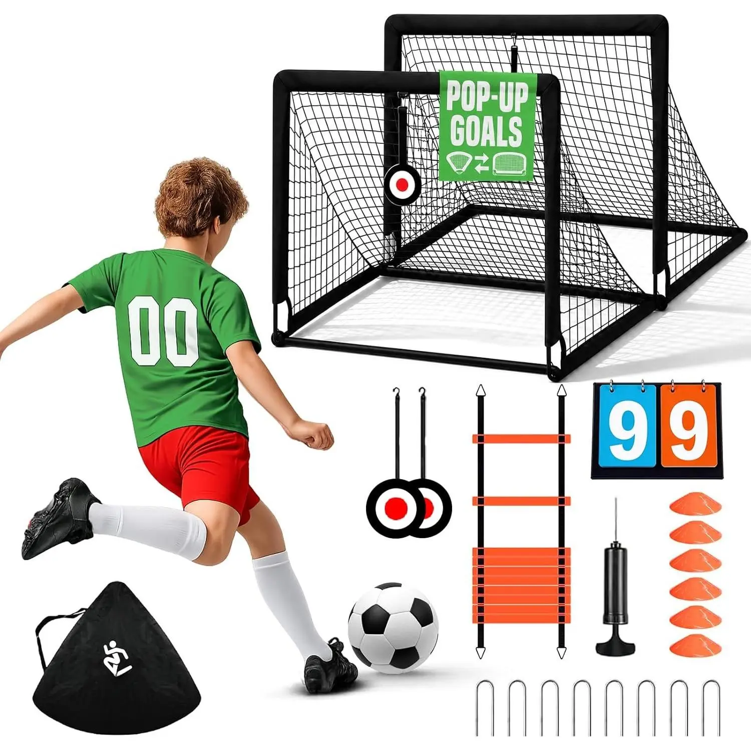 Soccer Goal Set for Backyard, Portable Soccer Nets Set of 2 with Soccer Ball, Scoreboard, Agility Ladder, Cones and Target Nets, Indoor Outdoor Soccer  Equipment for Boys and Girls