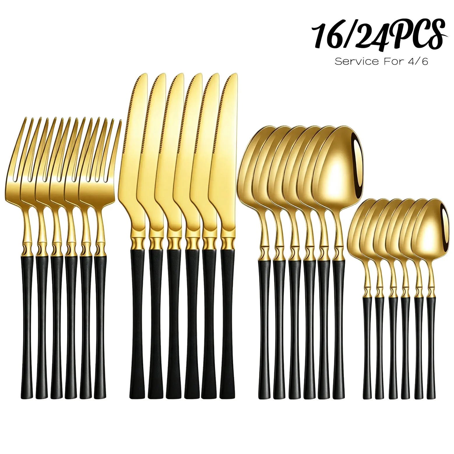 Luxury Gold Cutlery Set, 16/24 Pieces for 4/6 People, Elegant Flatware Includes Forks, Knives, Spoons, Stainless Steel, Durable Tableware, Home/kitchen/christmas/wedding