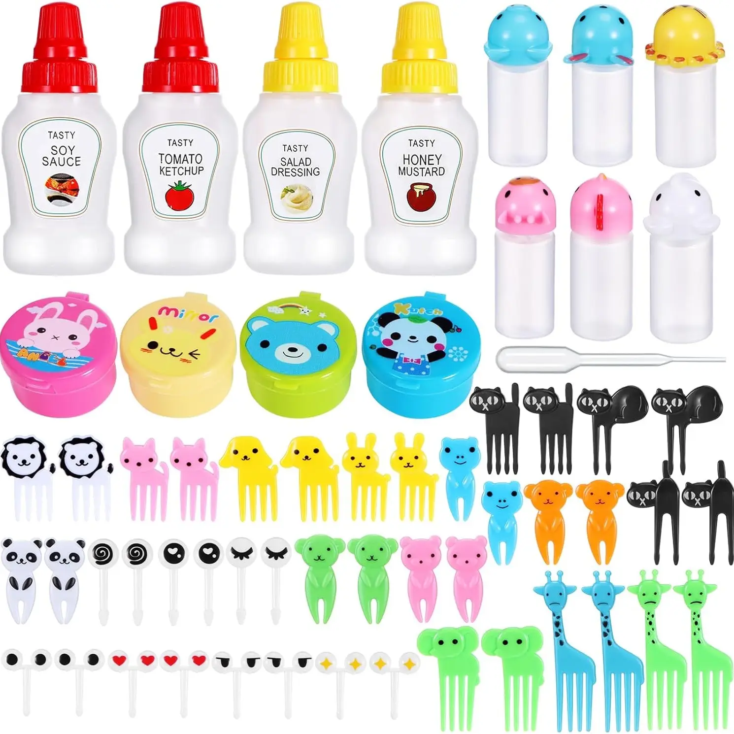 Mini Condiment Bottles, Seasoning, Tomato Salad and Honey Squeeze Bottles, and Children’s Lunchbox Accessories, Including Food Picks, and Mini Soy Sauce Bottles with Funnels, Perfect for Children’s School Lunches, Camping, and Office Use