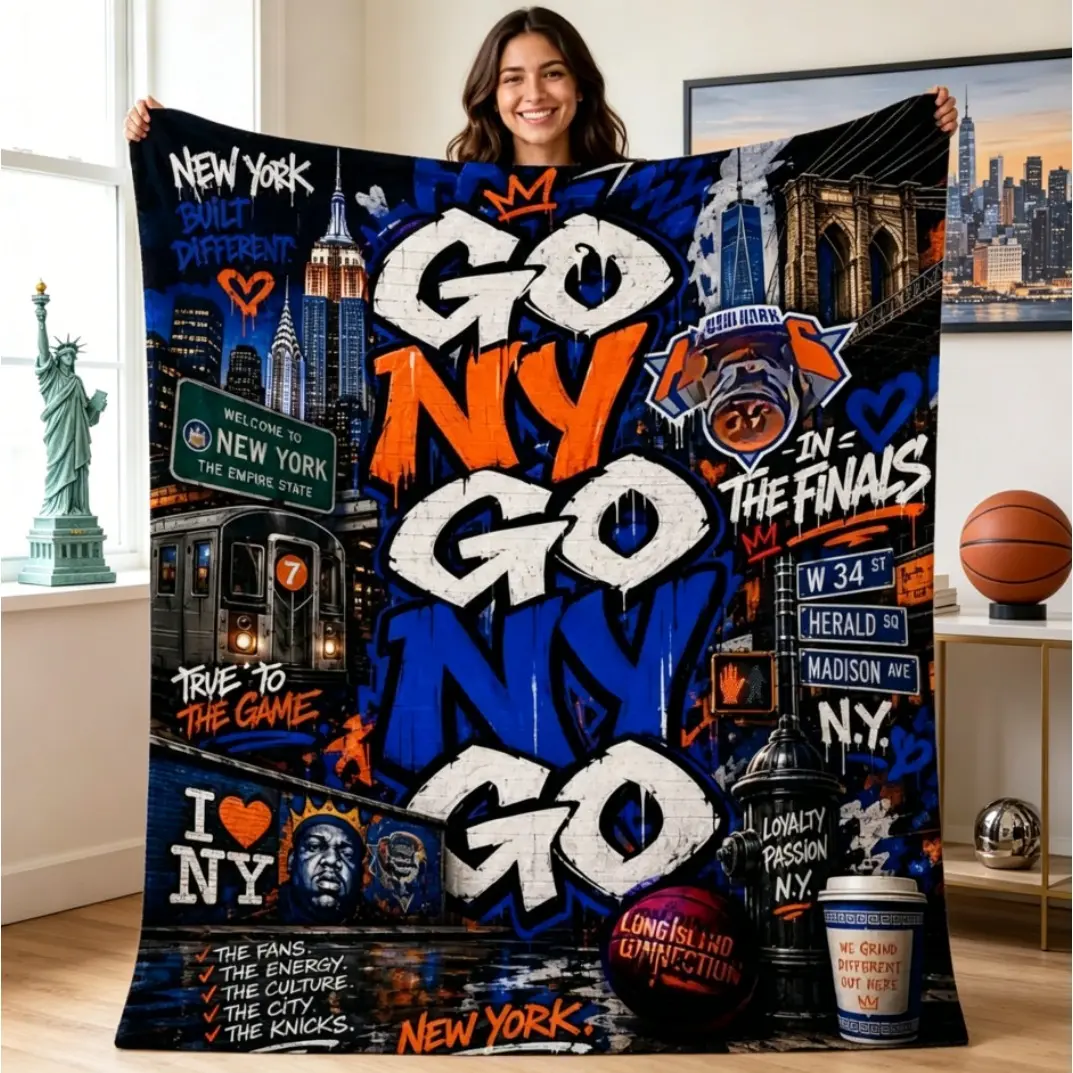Go NY Go NY Go Basketball Inspired Flannel Blanket, Soft Warm Cozy Fleece Throw for Adults & Kids, Lightweight Plush Bed Sofa Couch Game Day Sports Fan Blanket, Birthday & Christmas Gift