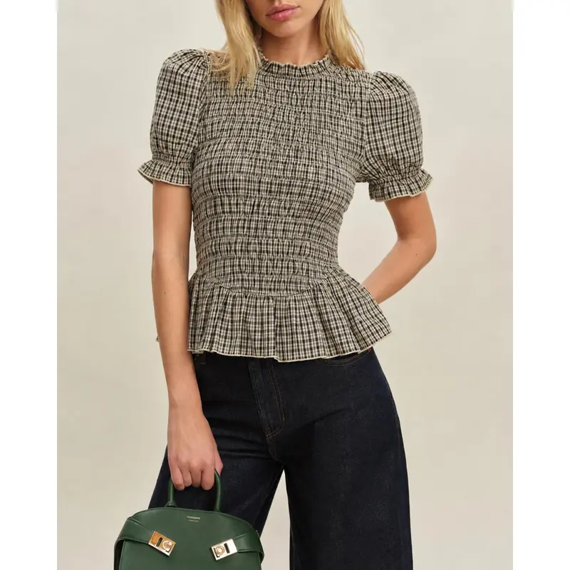 RIHOAS Women's Casual Apricot Plaid Cotton-Polyester T-Shirt - Lantern Sleeves, Short Sleeves Option, Shirred, Ruffled Details, Slim Fit, Zip Accent