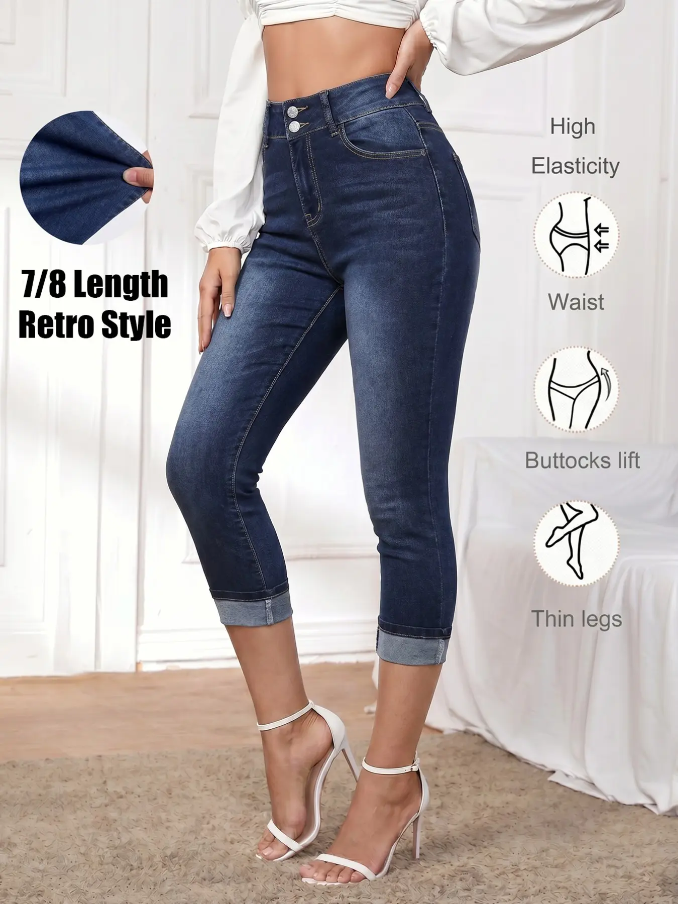 #EZJean Women's 7/8 Length Skinny Jeans, Mid-Waist Retro Vintage Casual, Dark Washed Stretch, Pocketed, Skinny Leg, Ideal for Summer & Spring Outings