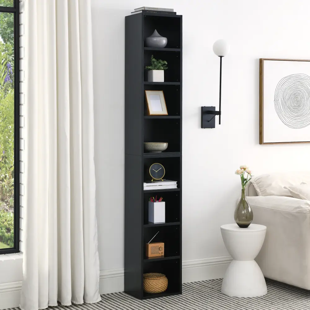 8-Tier MDF Finish Media Tower Rack with Adjustable Shelves - Tall Narrow Room Storage Bookcase for Home Office, Slim Vertical Multi-Functional Cabinet for Books, Movies, Collectibles, Adjustable Shelves Cabinet