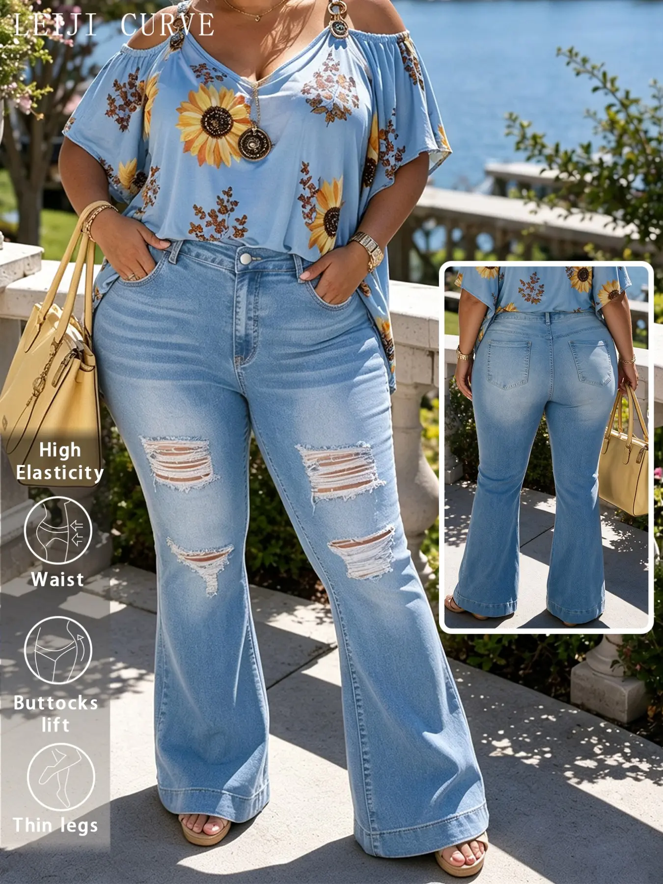 Plus Size High Waist Stretch Light Blue Ripped Micro Flare Jeans for Women, Frayed Edge Tear Design, Vintage Bell Bottom Long Pants