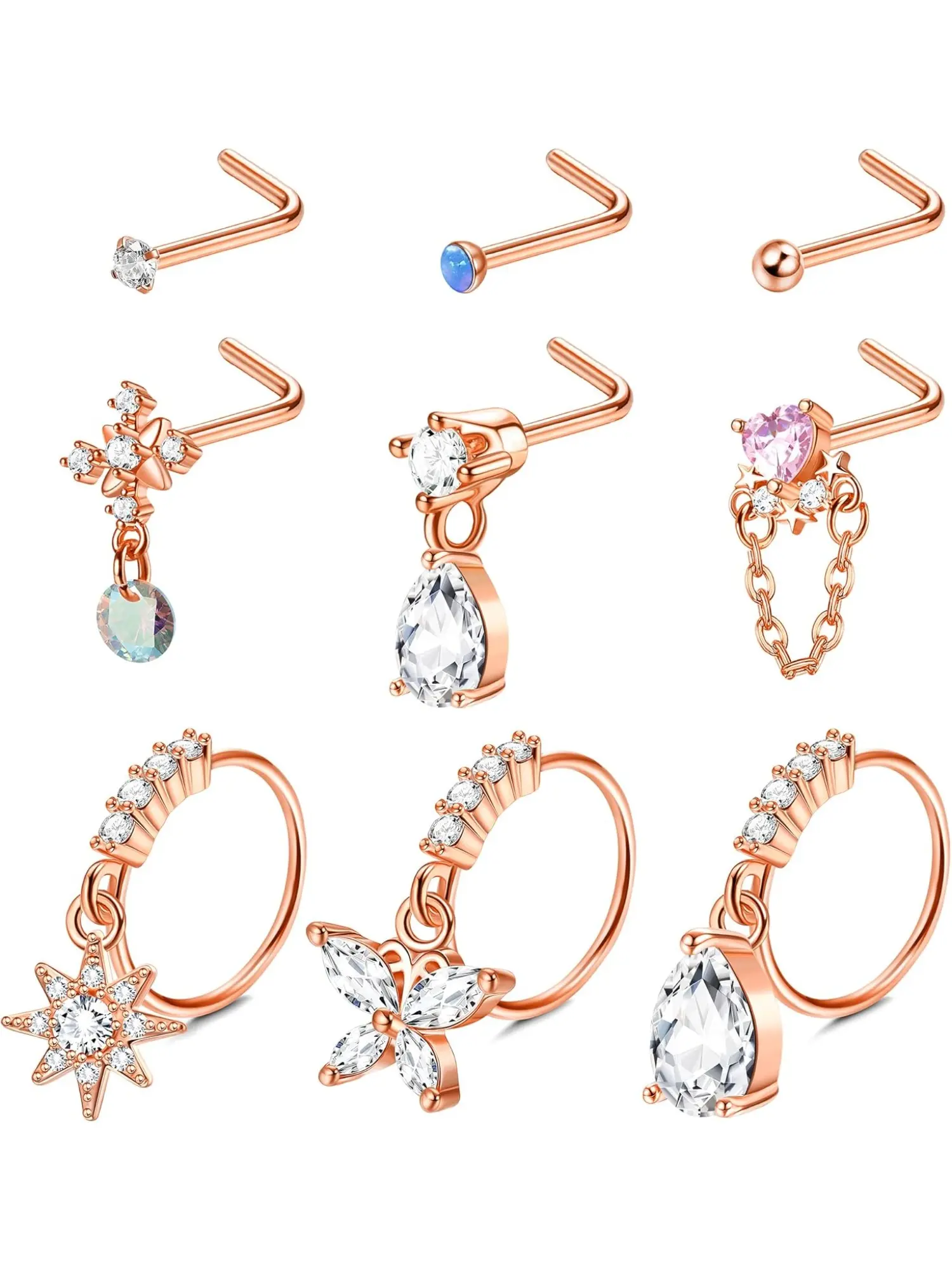 9 Pcs 20G Dangle Nose Rings for Women 316L Stainless Steel Nose Stud L Shaped Nose Ring Hoops Butterfly Star Teardrop CZ Dangling Nose Piercing Jewelry Dangly Nose Ring