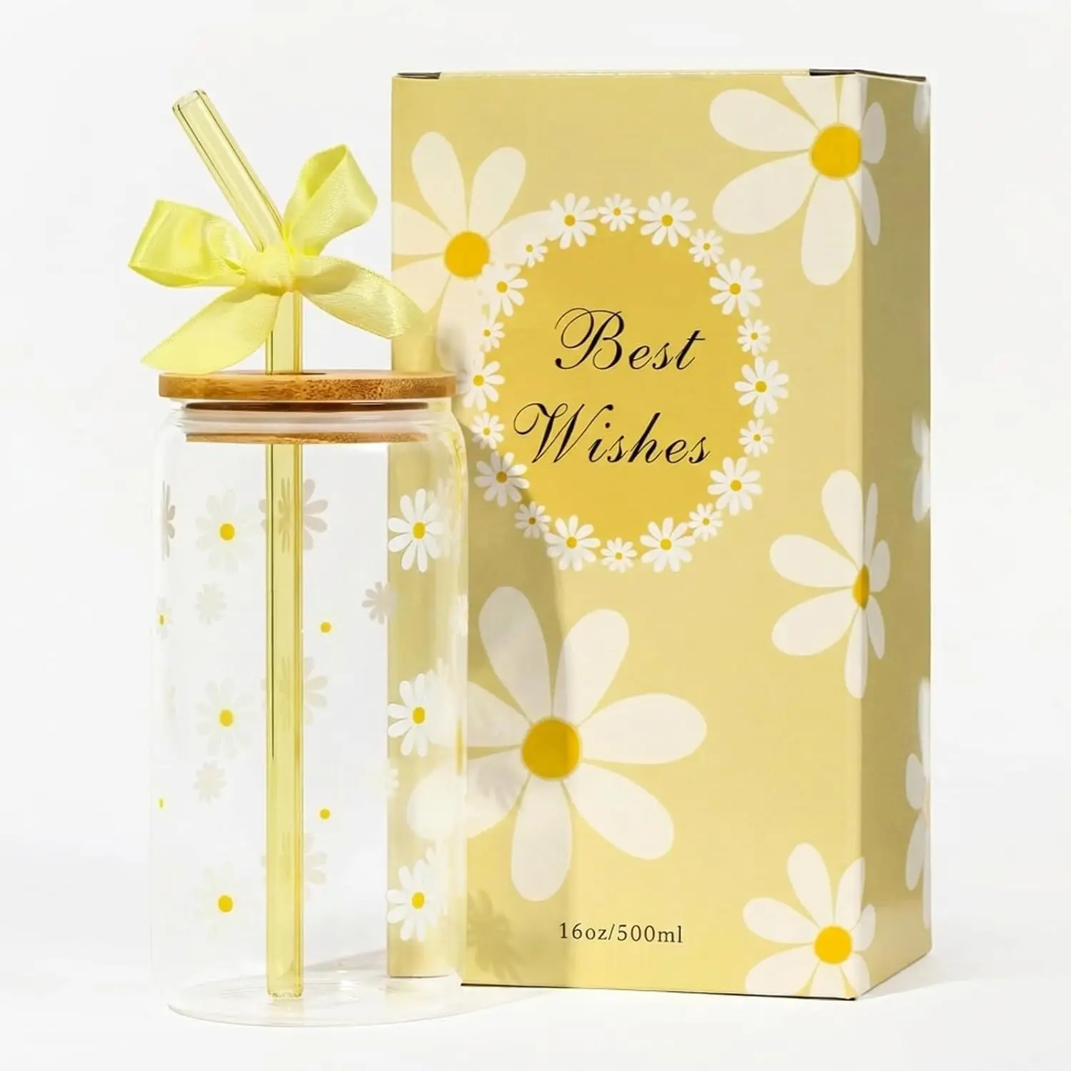 Cute Glass Cups with Lid Straw, Daisy Birthday Gifts Coffee Cup | Yellow Aesthetic Mug Tumbler for Women  Day Thanksgiving Christmas Valentines Coffee Lover Teen Girl 16oz