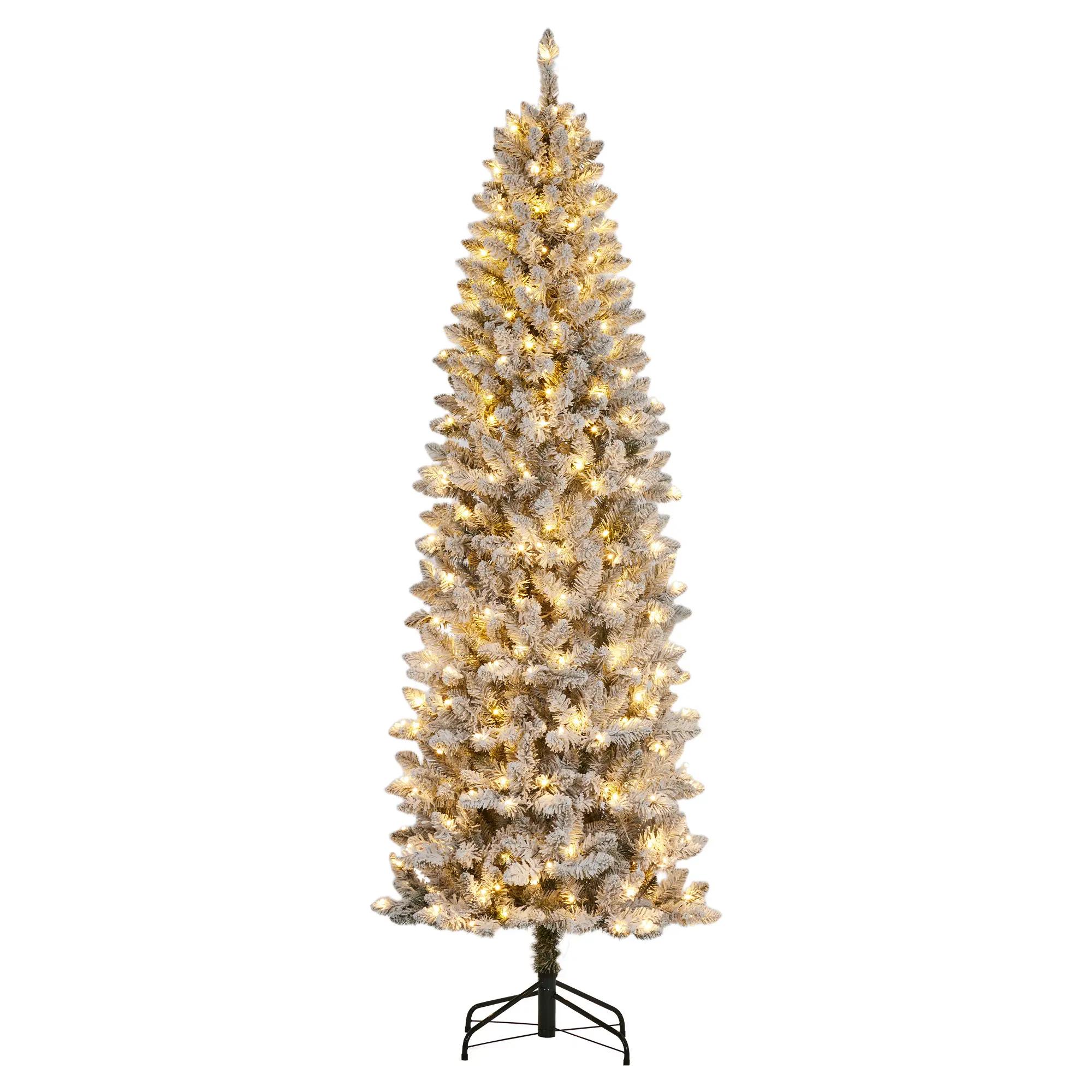 6/9/12ft Flocked Pencil Christmas Tree - Space Saving Xmas Tree Holiday Decoration for Home, 170 Full Prelighted Warm White LED Lights, Pre-lit Frosted Slim Artificial Tree, Foldable Base