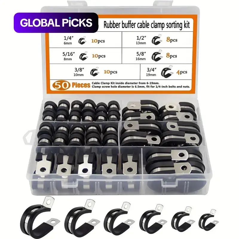 50-Pcs Stainless Steel Heavy-Duty Hose Clamp Set, R-Type Cable Clamps with Rubber Strips, Corrosion-Resistant Wire Fixing Clips, 6-19 mm, Secure Hose Connections, Toolbox Included #GLOBAL PICKS