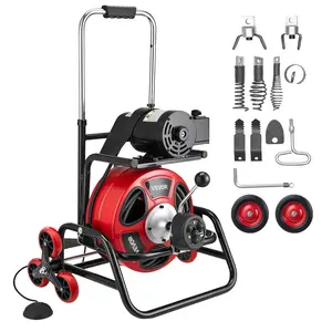 VEVOR Drain Cleaner Machine 100 FTx 3/8 Inch, Auto Feed Sewer Snake Auger, Portable Drain Cleaning Machine with Climbing Wheels, Adjustable Drum, 8 Cutters Foot Switch for 2" to 4" Pipes