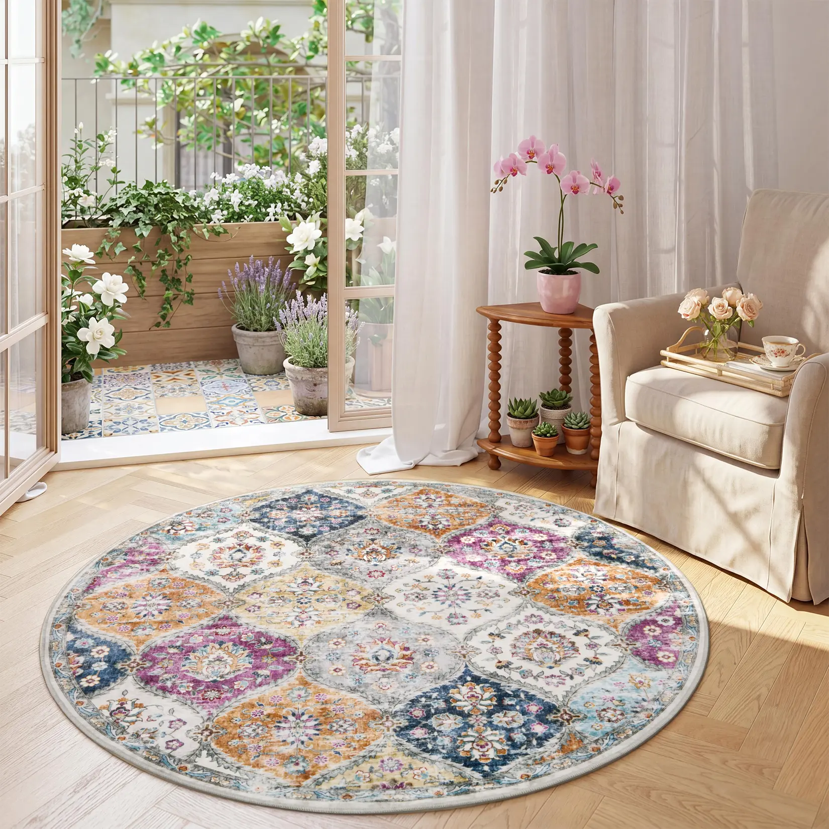 Round Rug Moroccan Trellis Washable Area Rug for Living Room Soft Indoor Round Carpet Non Slip Low Pile Circle Rugs for Bedroom Non-Shedding Stain Resistant Round Mat for Kids Room Nursery