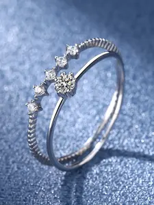 Women's Pure Silver Ring with Moissanite, Dual Layer Stackable Ring, Platinum Plated Thin Band, Small Size Tail Ring