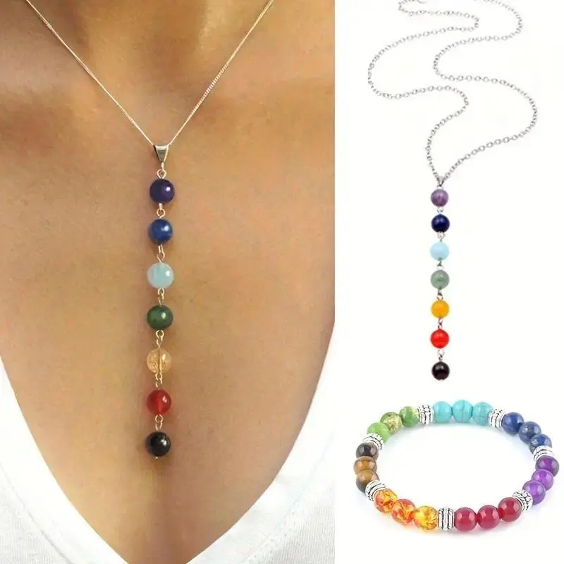 Boho 7 Chakra Jewelry Set for Women, Natural Gemstone Beads Necklace and Bracelet for Energy Balancing and Daily Wear, Healing, Vibrant, Natural Stone, Crystal, Gift, Meditation, Chakra Beads, Female