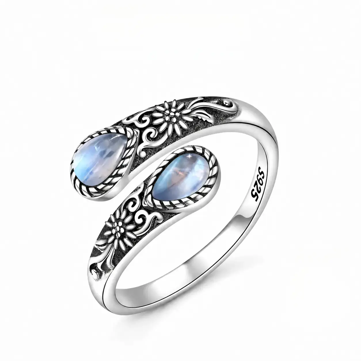 Women's 925 Sterling Silver Vintage Floral Engraved Opal Adjustable Open Thumb Ring - Hypoallergenic Jewelry, Classic Daily Accessory, Valentine’s Gift, Anniversary Present, Elegant Opal Ring, Retro Flair, Female
