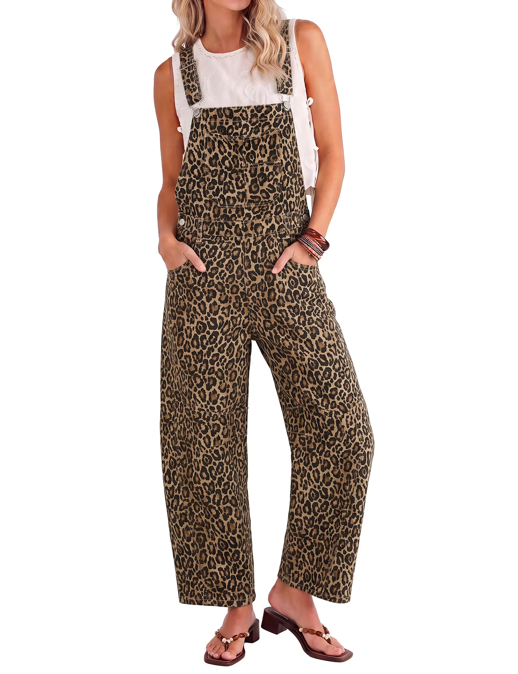 Luvamia Women's Animal Print Denim Bib Overalls, 90s Trendy Barrel Jumpsuit, Adjustable Straps, Cotton Blend, Stretchy Loose Fit, 26in Inseam, Casual Western Outfit, Machine Washable, Animal Prints