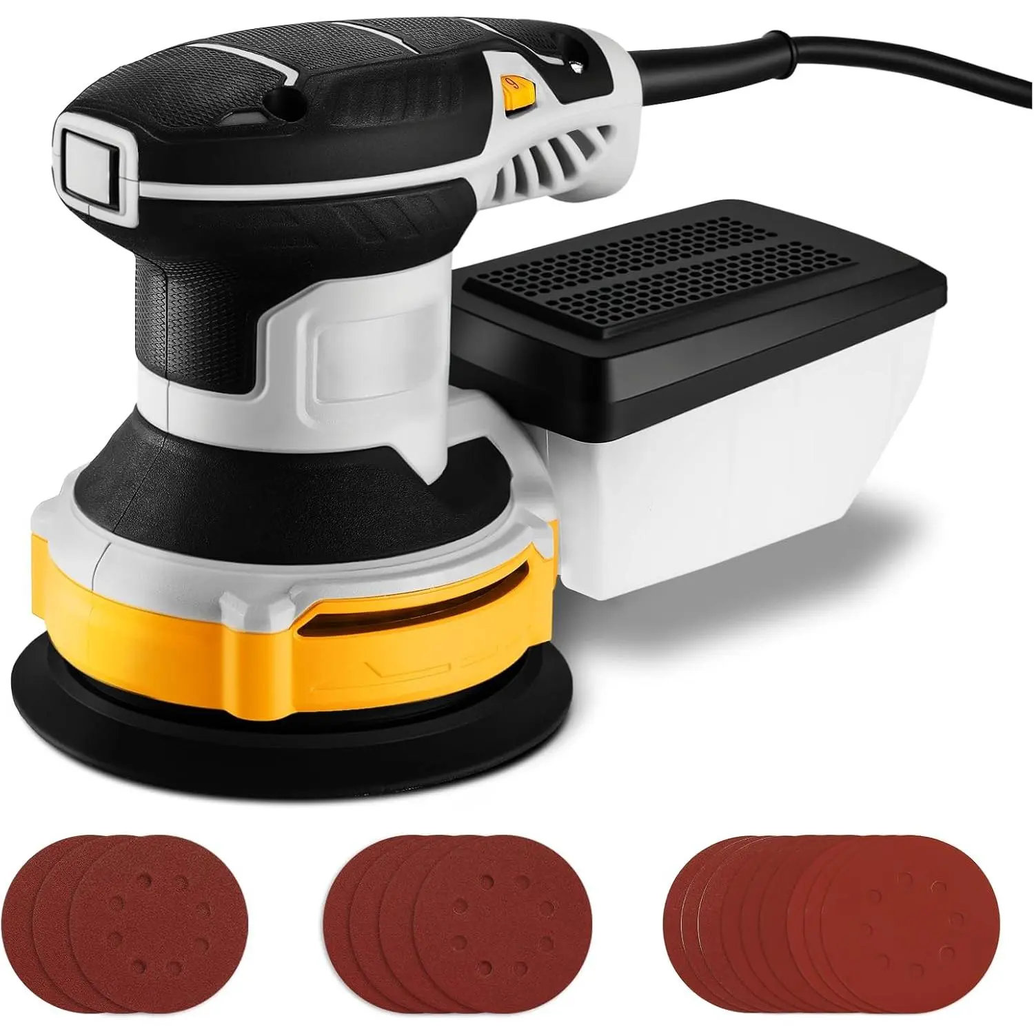 [Summer Wins]Orbital Sander Corded Hand Sander: 5" Random Orbital Sander with Dust Box, 6 Various Speeds Electric Palm Sander with Dust Box, 16Pcs Sandpapers for Woodworking & Sanding-Yellow