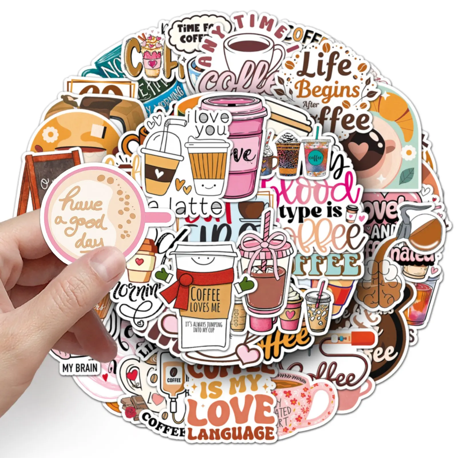 50 Waterproof Vinyl Coffee Stickers, Fun Coffee Quotes Decals, Cellphone Accessory for Laptops, Bags, Skateboards, Phones, Fridges, Teens, Adults, Boys, Girls