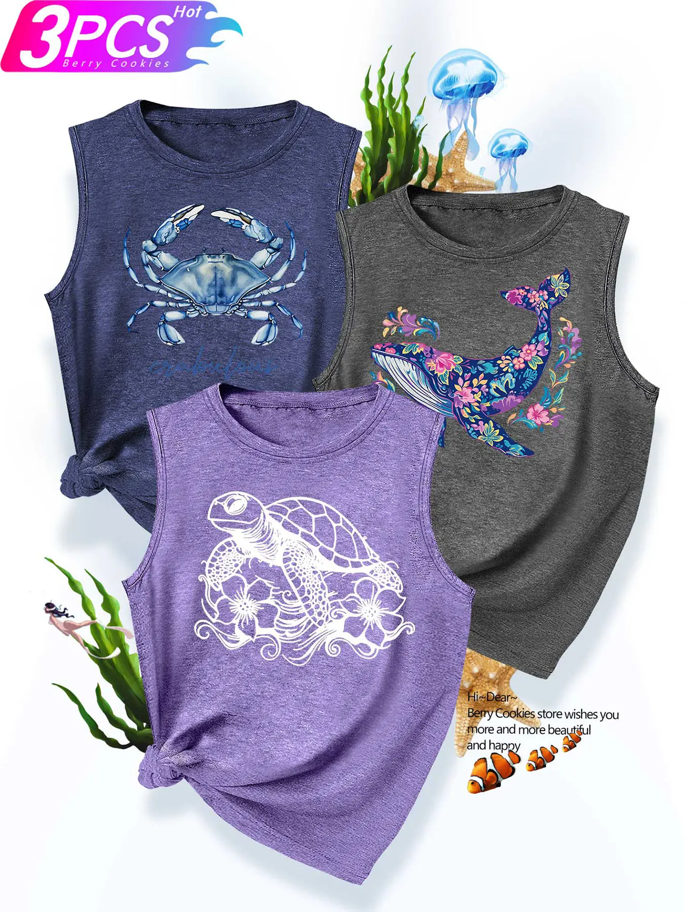 3Pcs Plus Size Women Crew Neck Sleeveless Tank, Watercolor Crab Turtle Whale Print, Loose Washable Women Summer Top