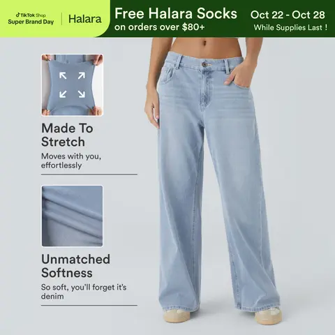 Halara Flex™ Low Rise Zipper Pockets Washed Baggy Wide Leg Casual Jeans