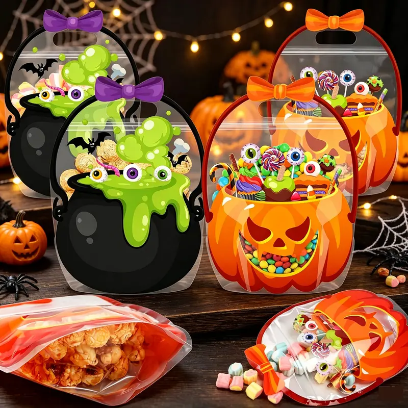 50 Pcs Halloween Plastic Goodie Bags with Handles, Witch Cauldron Style Trick‑or‑Treat Candy Bags, Reusable Plastic Gift Sacks for Kids Halloween Party Favors, Holiday Treat Giveaways & Halloween Decorations