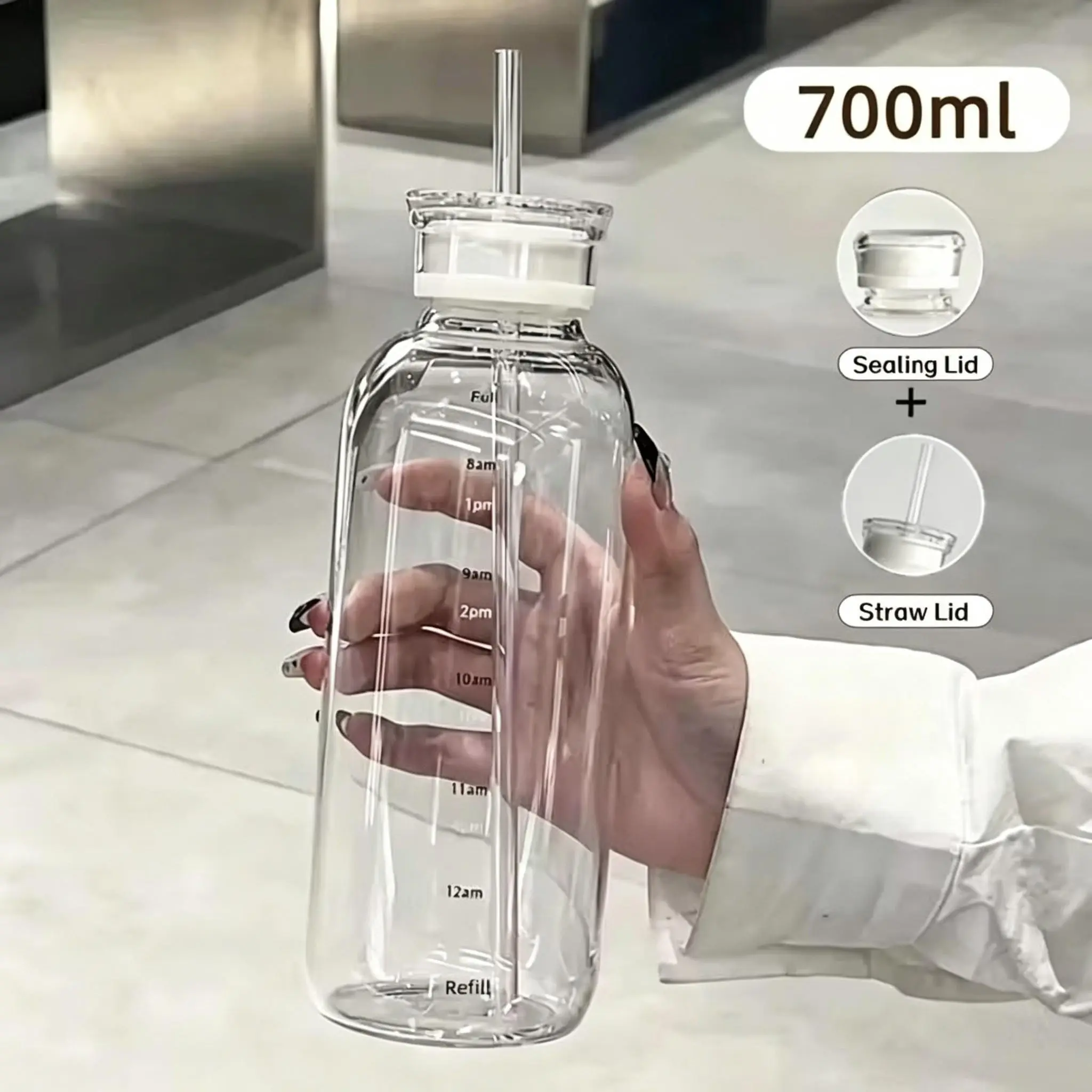 Viral Must Have Aesthetic Motivational Time Marker Food Grade Reusable High Borosilicate Glass Water Bottle, BPA Free Dual Leakproof Airtight Lids & Straw, Wide Mouth Heat Resistant Dishwasher Safe Drinkware for Hot Cold Drinks Gym Hiking School Office