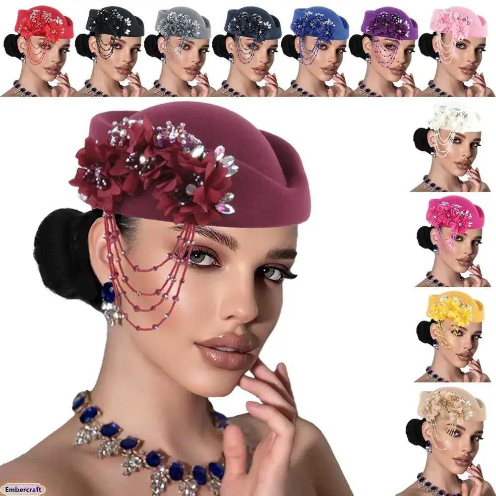 Women's Vintage Round Wool Felt Pillbox Fascinator Hat - 3D Fabric Floral Ornaments, Beads, Rhinestone-Embellished Veil, Built-In Elastic Cord, Slip-On, Universal Fit, 58cm/22.8in, Elegant British Style Elegant Hats for Wedding Guest, Church Service