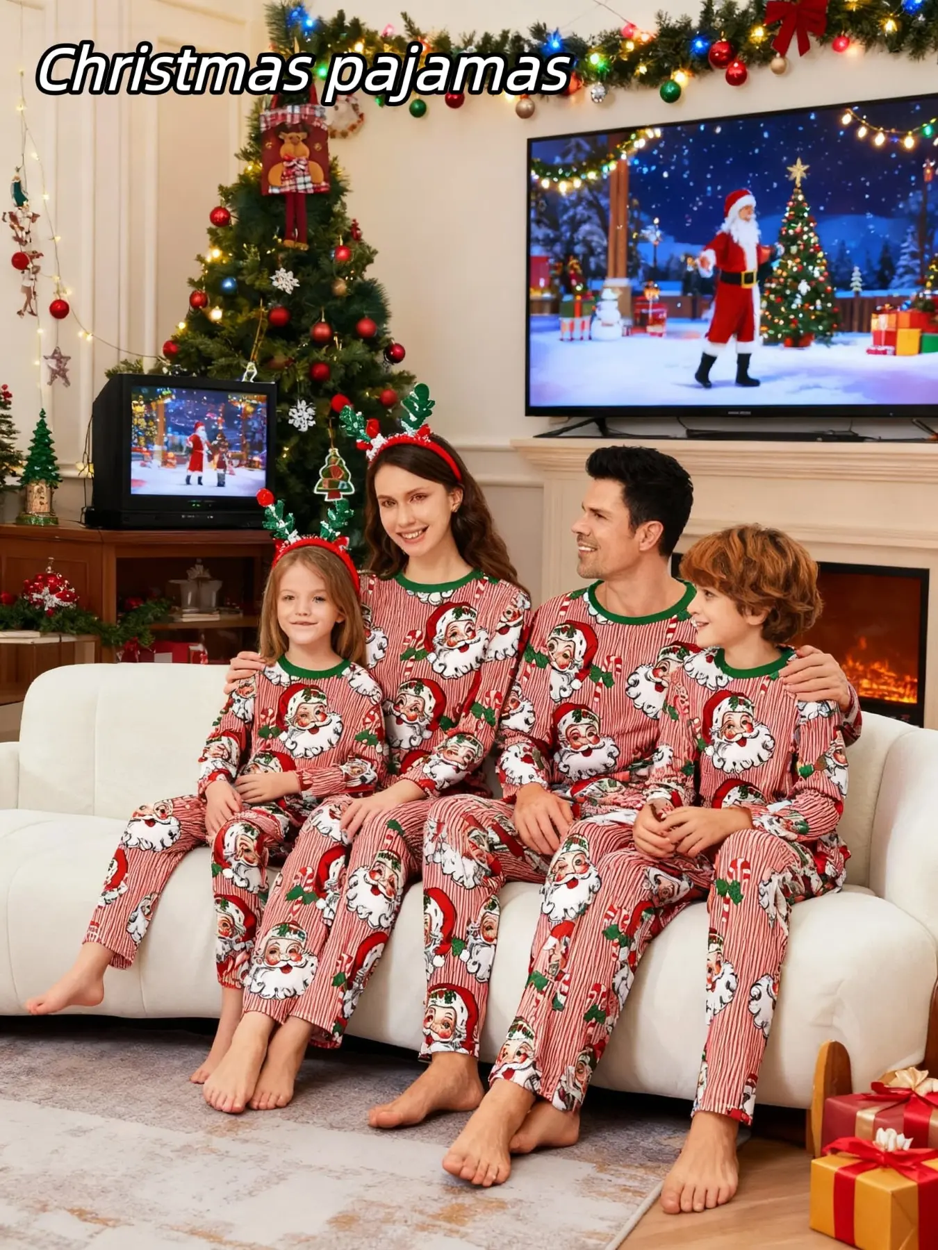 Family Christmas Pajamas Set, Cartoon Santa Print, Long Sleeve Unisex Casual Homewear, Men Women Kids, All Seasons