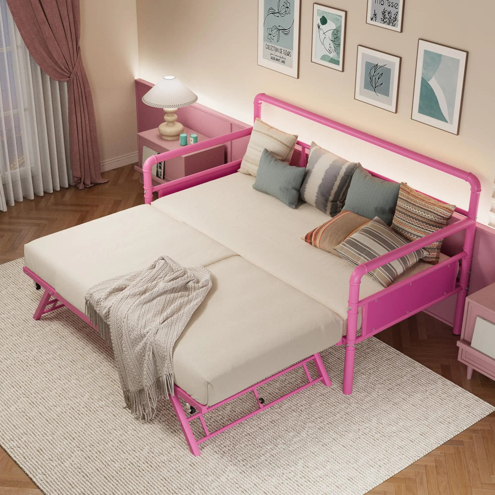 Metal Daybed and Pop Up Trundle Bed, Heavy Duty Full Day Bed with Classic Headboard and Steel Slat Support, Sofa Bed Platform for Living Room Guest Room, No Box Spring Needed, Pink