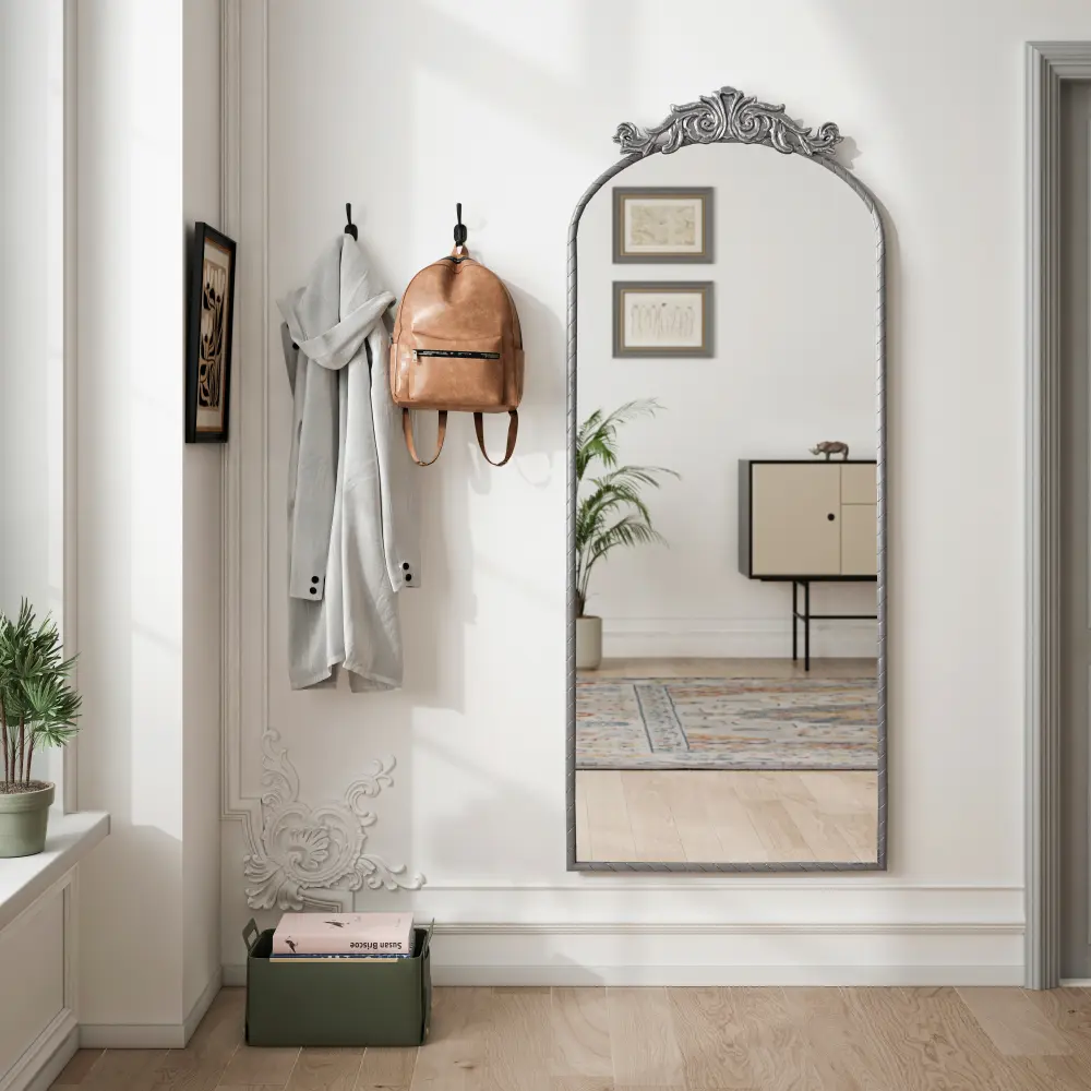 58"x24" Full Length Arched Wall Mirror with Vintage Ornate Carved Applique Top, Antique Silver Floor Mirror, Large Body Mirror for Bedroom Living Room Entryway, Retro French Style Decorative Hanging Mirror, Elegant Home Decor Accent Mirror