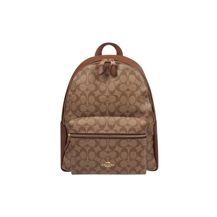 Coach Charlie 30 Classic Monogram Zip-Top Backpack for Women, Coated Canvas, Khaki
