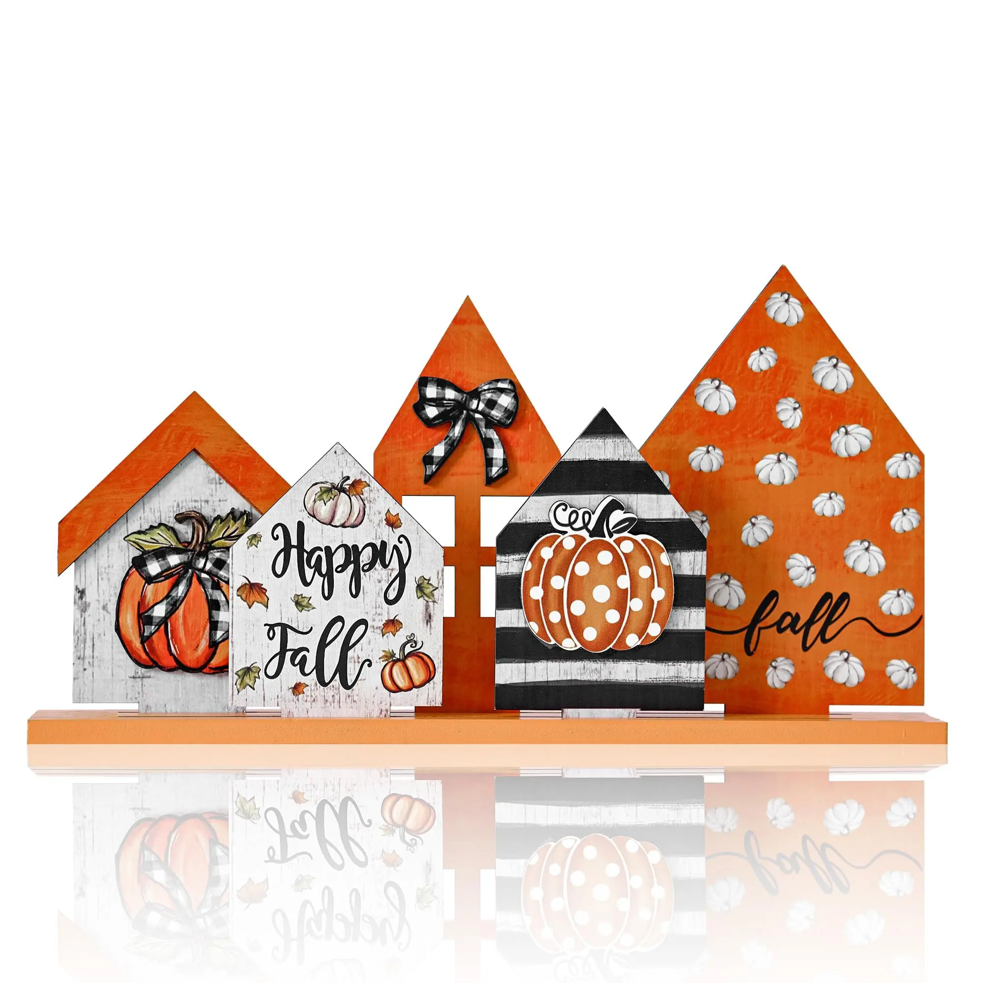 Autumn Pumpkin House Wooden Desktop Decor Set, 5 Pieces with Base, Retro Farmhouse Style, Fall Thanksgiving Kitchen Fireplace Decoration