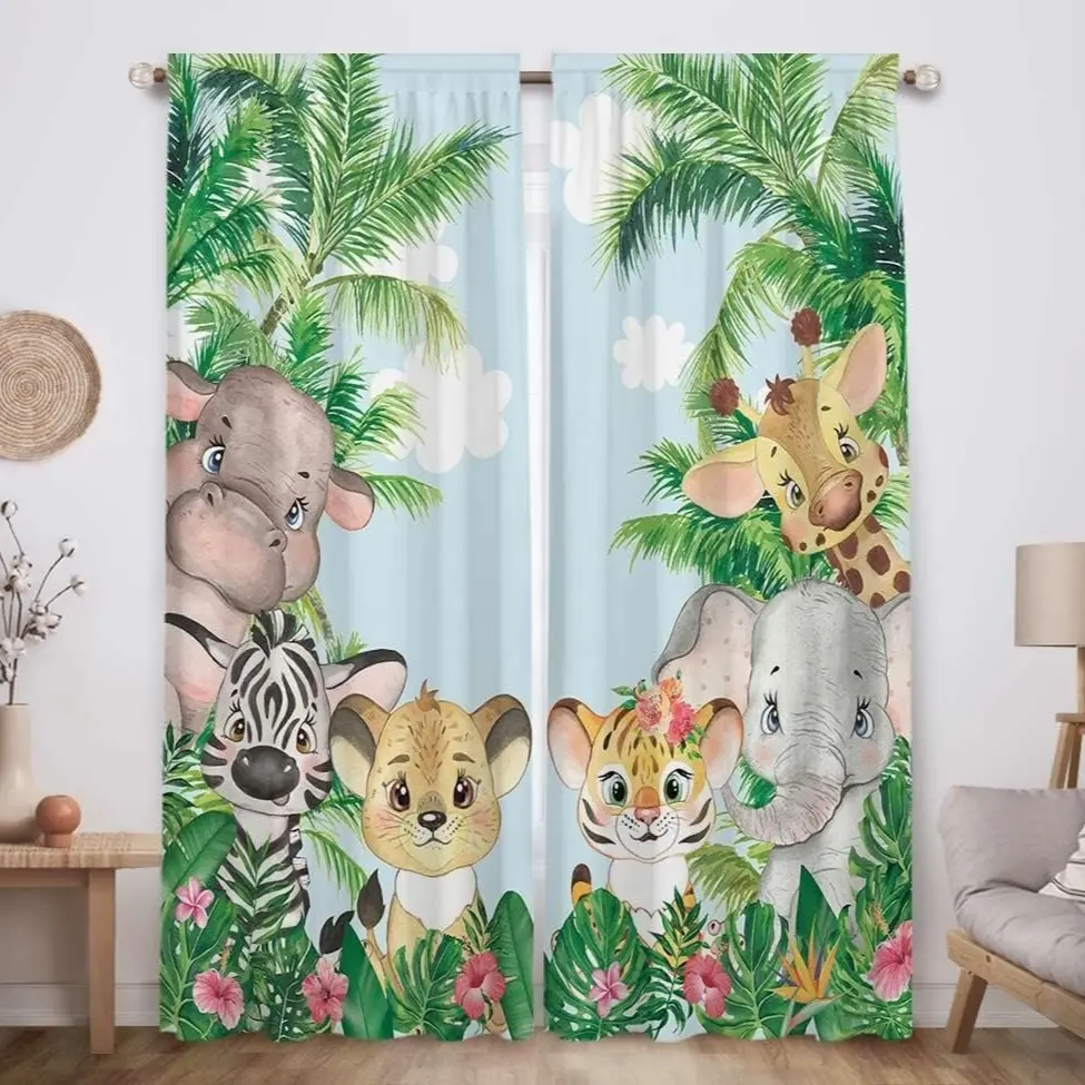 2-Pack Animal Print Curtains, Cartoon Jungle Forest Design, Semi-Transparent Polyester, Easy Hang, Baby & Kids Bedroom, Living Room Decor