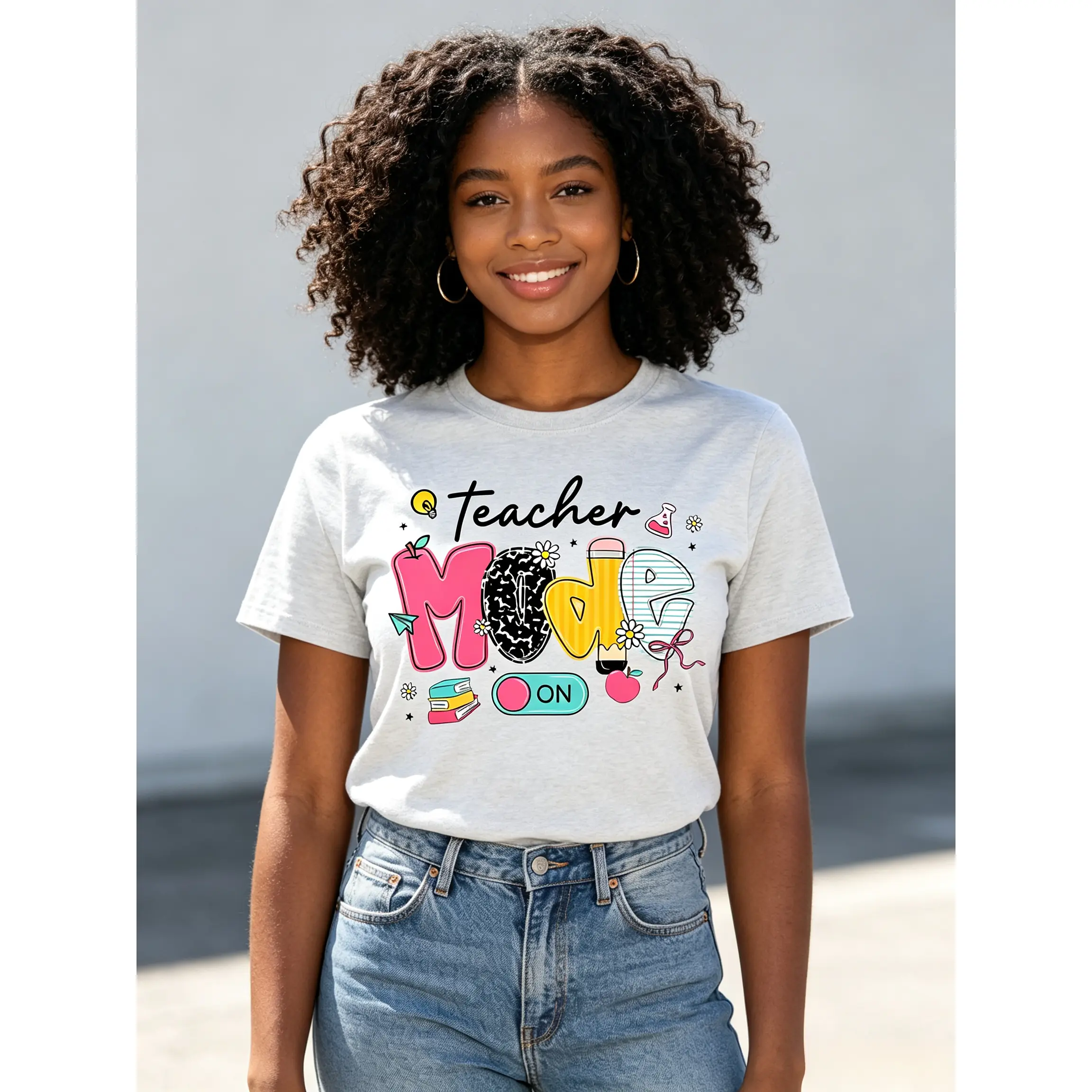 Women's Oversized Smooth Graphic Back to School Shirts, Love-Themed Teacher Tops with "Teacher Mode On" Print for Teach Life Checks, Shortsleeve, Everyday, Casual, Fit, Loose, Fabric, Printed, Cotton, Ribbed, Apparel, Soft, Tee, Piece