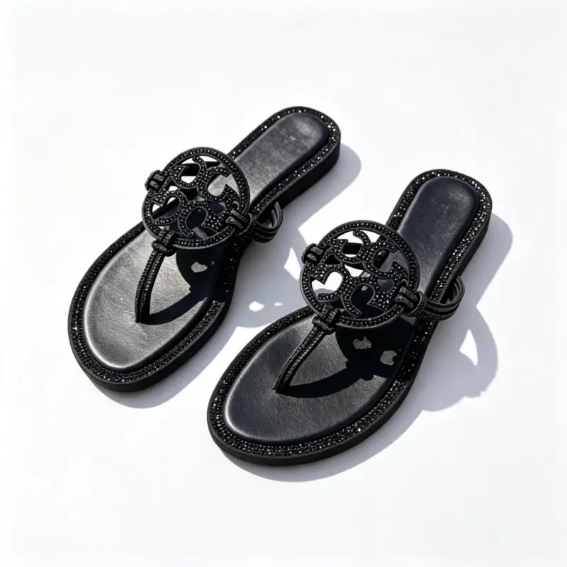 Rhinestone Decor Thong Sandals for Women, Sparkly Crystal Flat Flip Flop, Casual Summer Open Toe Slide Sandals, Comfort Non Slip Pool Slide, Stylish Hollow Circular Design Beach Walking Vacation Shoes