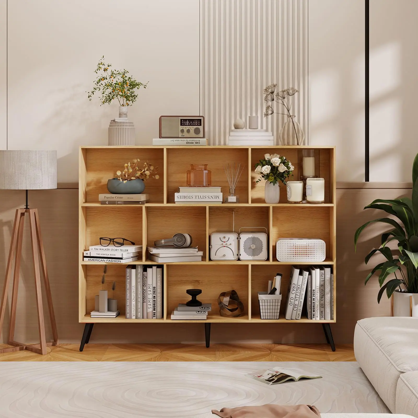 Garvee Spacious 10-Cube Wooden Record Player Stand & Bookcase, 3-Tier Freestanding Open Vinyl Display Storage Cabinet with Sturdy Legs, Natural Brown Modern Decor Organizer for Living Room & Office