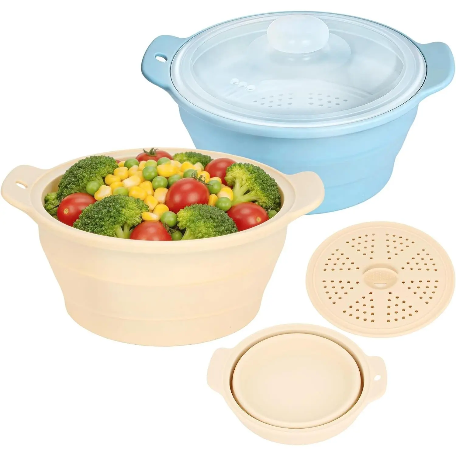 2 Pack Microwave Vegetable Steamer, 42oz Large Collapsible Silicone Steamers With Lid & Removable Rack, Food-grade Veggie Steamer Basket for Broccoli, Dumplings, Fish, Dishwasher & Freezer Safe