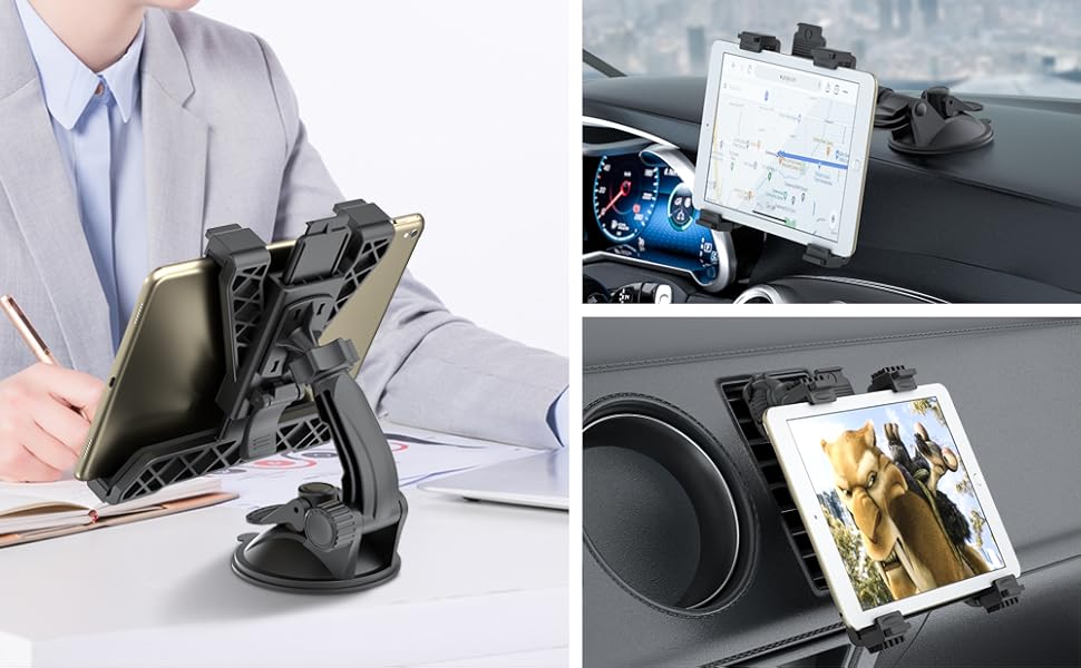 OHLPRO Dashboard Tablet Holder for Car, iPad Car Holder Suction Cup Mount Compatible with 7"-13" Tablets, Truck Windshield Vent with Flexible Arm Clip, Sturdy Adjustable Design, 360° Rotation, Black